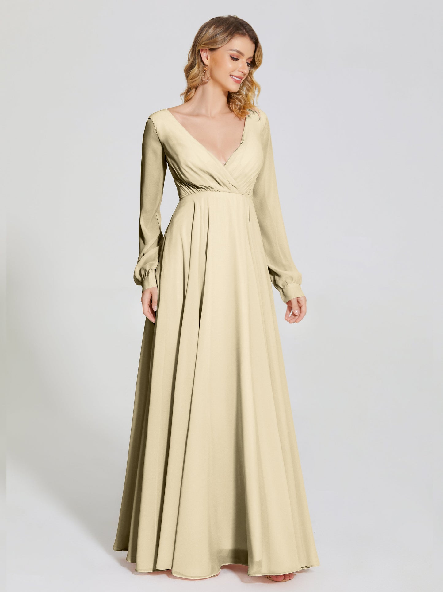 Cicinia Raegan V Neck Chiffon Bridesmaid Dress With Sleeves