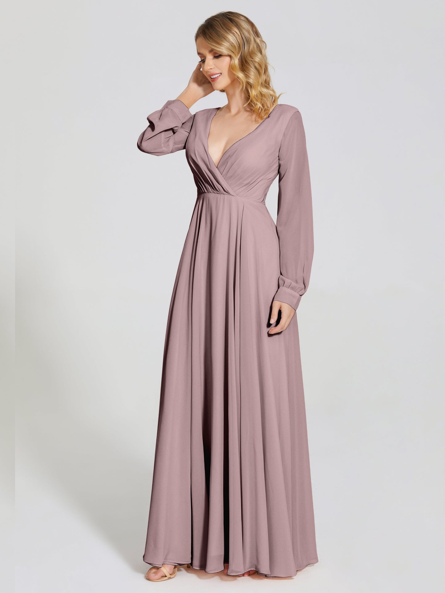 Cicinia Raegan V Neck Chiffon Bridesmaid Dress With Sleeves