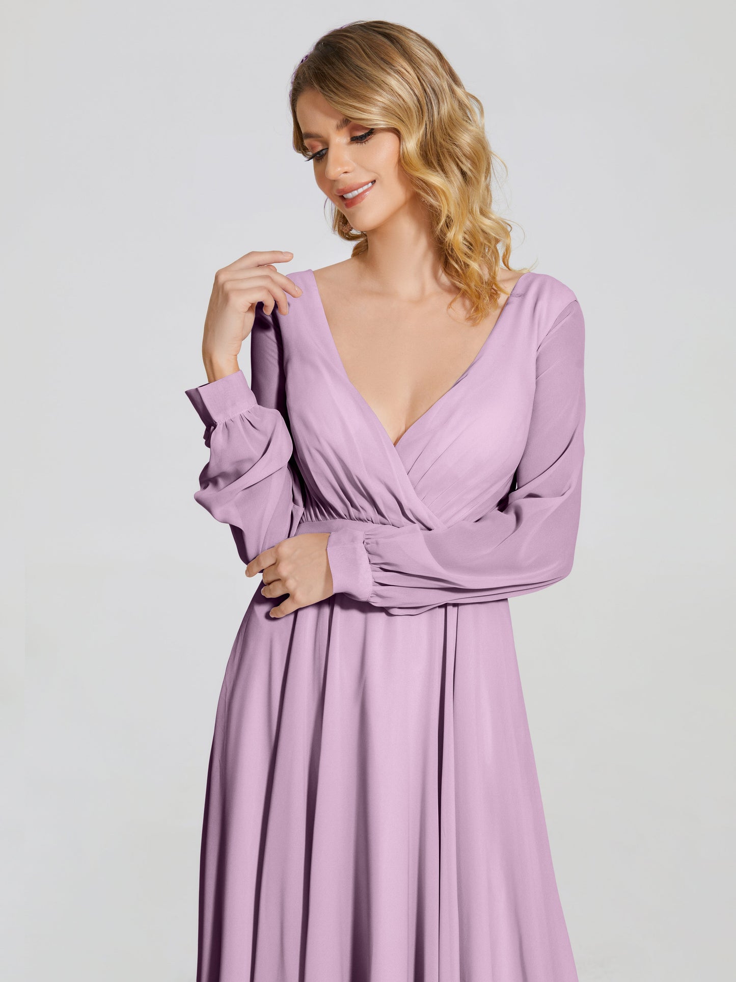 Cicinia Raegan V Neck Chiffon Bridesmaid Dress With Sleeves