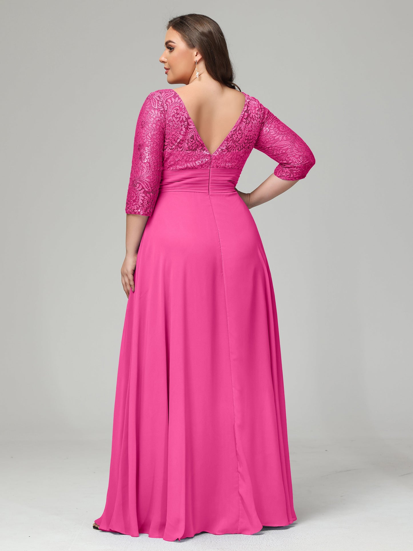 V-Neck Long Sleeves Lace Plus Size Bridesmaid Dresses