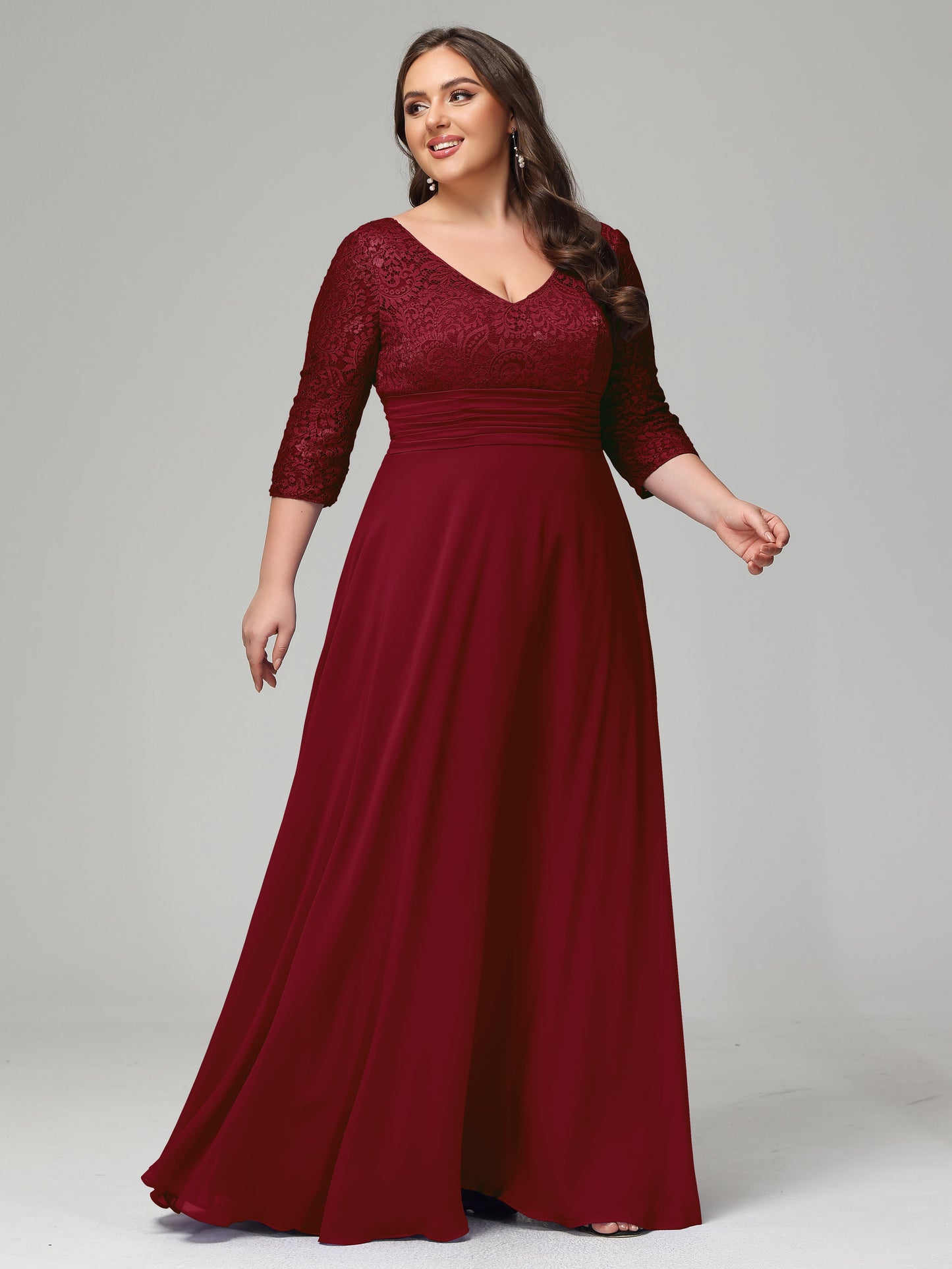V-Neck Long Sleeves Lace Plus Size Bridesmaid Dresses