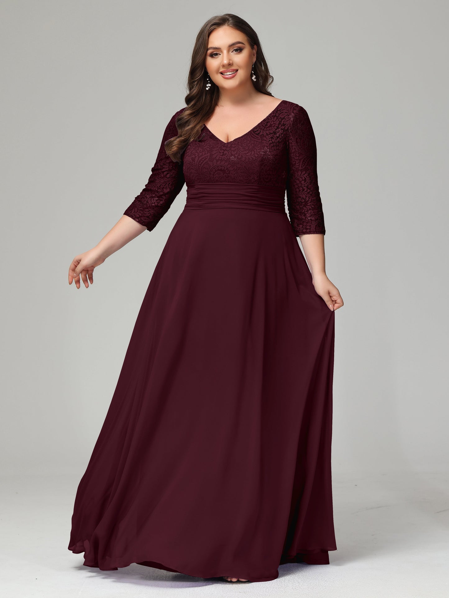 V-Neck Long Sleeves Lace Plus Size Bridesmaid Dresses