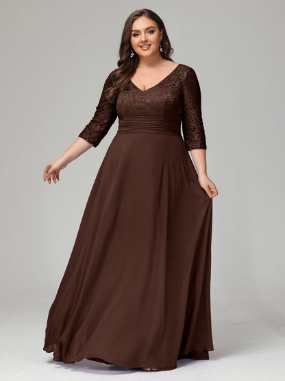 V-Neck Long Sleeves Lace Plus Size Bridesmaid Dresses