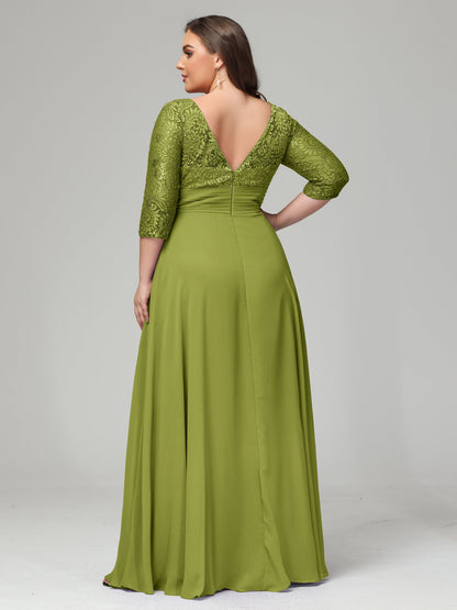 V-Neck Long Sleeves Lace Plus Size Bridesmaid Dresses