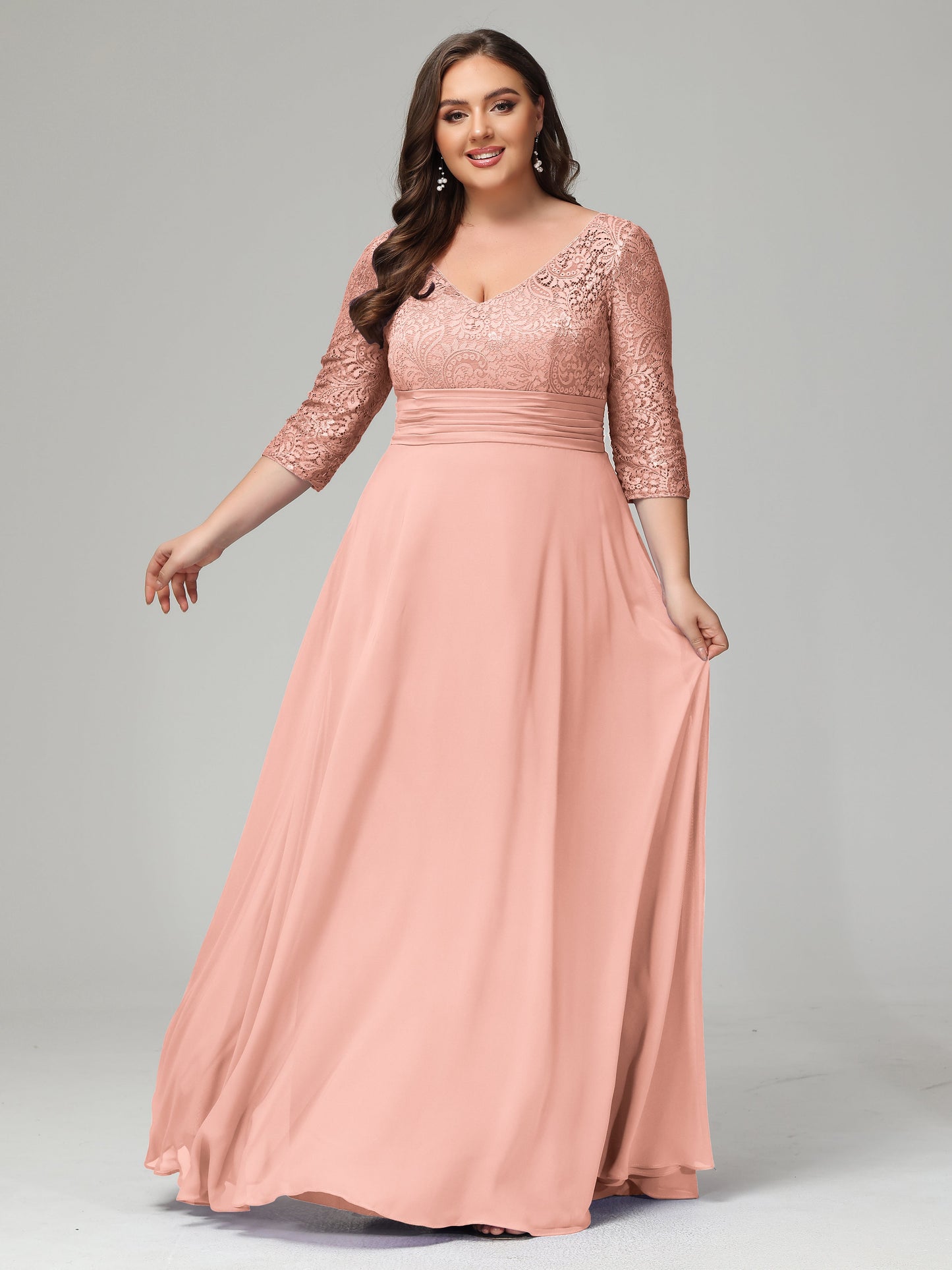 V-Neck Long Sleeves Lace Plus Size Bridesmaid Dresses