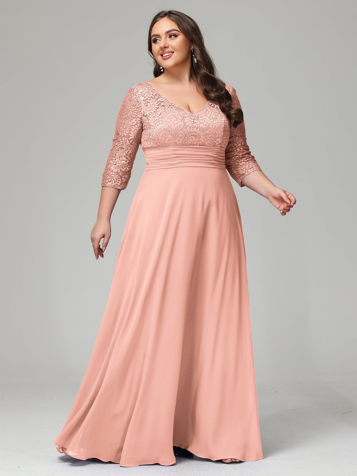V-Neck Long Sleeves Lace Plus Size Bridesmaid Dresses
