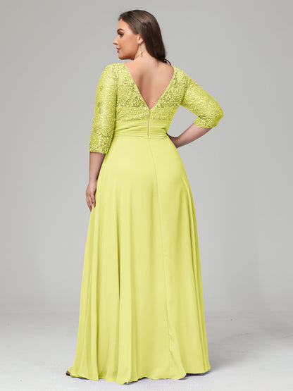 V-Neck Long Sleeves Lace Plus Size Bridesmaid Dresses