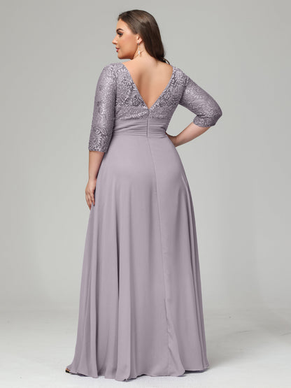 V-Neck Long Sleeves Lace Plus Size Bridesmaid Dresses
