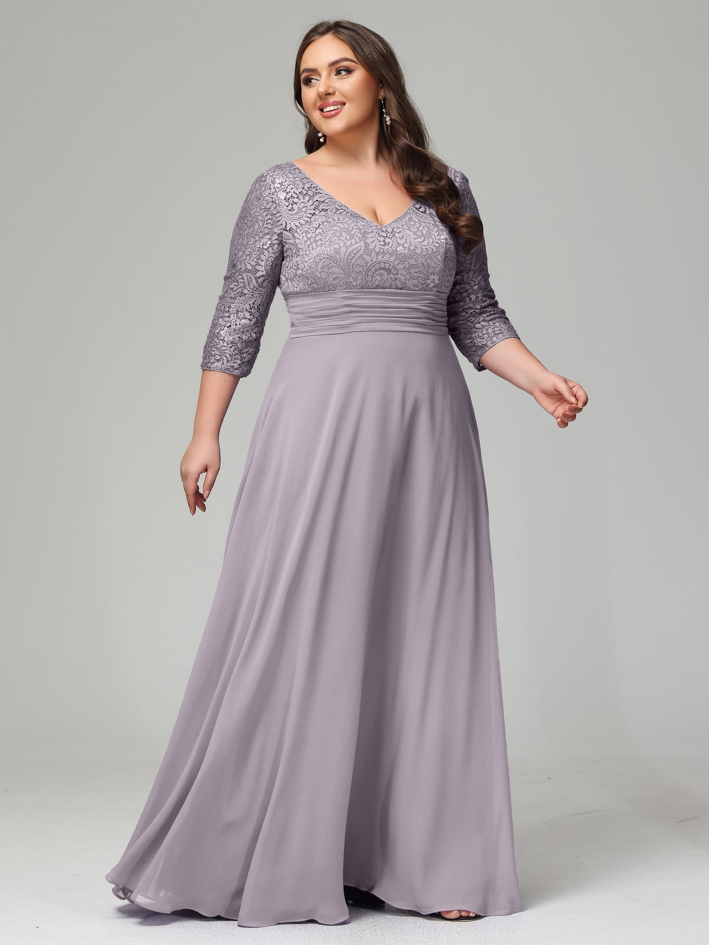 V-Neck Long Sleeves Lace Plus Size Bridesmaid Dresses