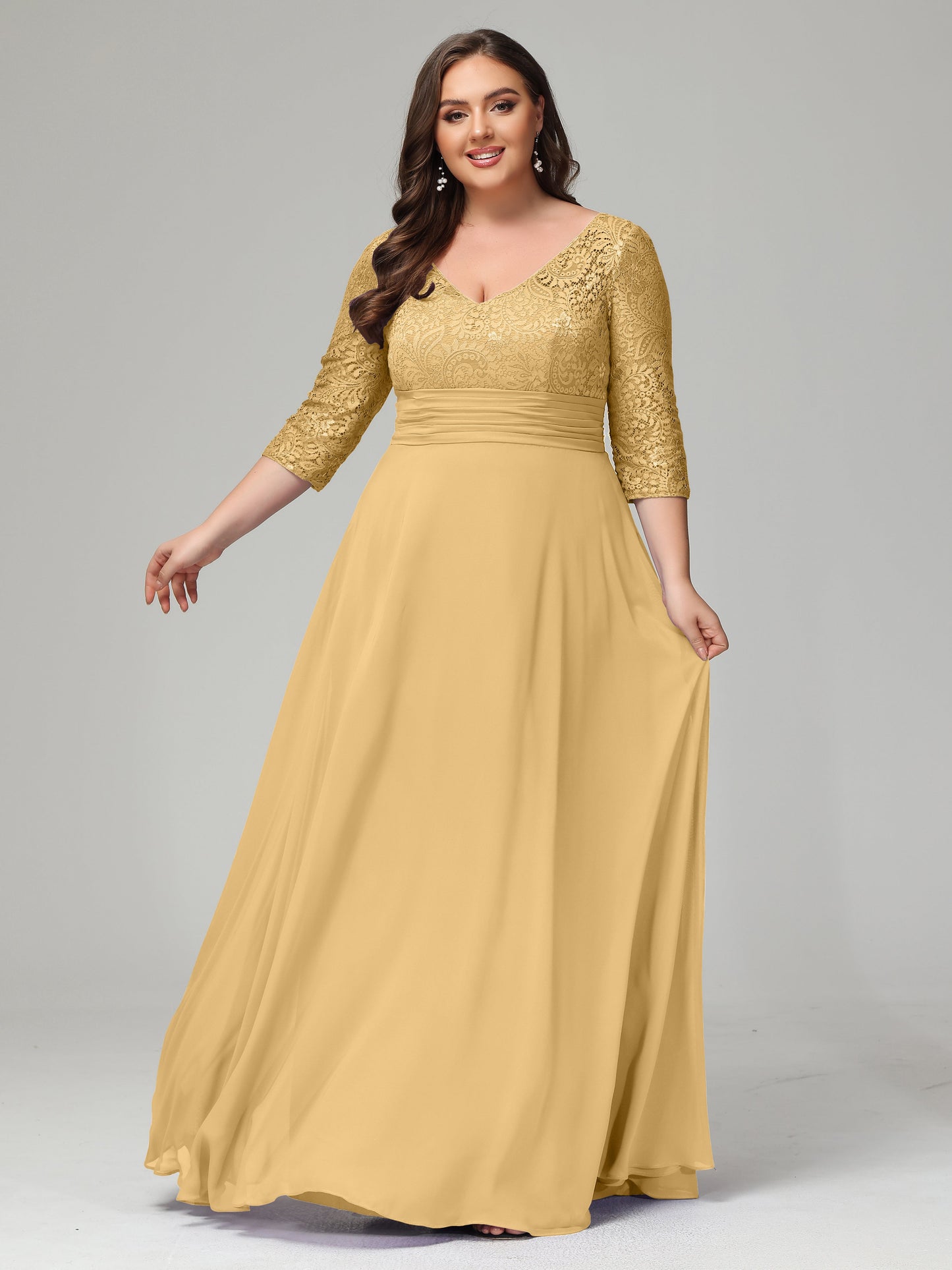 V-Neck Long Sleeves Lace Plus Size Bridesmaid Dresses
