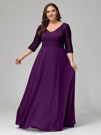 V-Neck Long Sleeves Lace Plus Size Bridesmaid Dresses