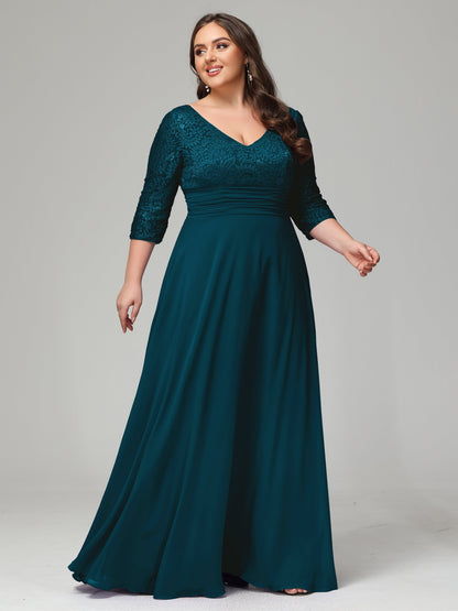 V-Neck Long Sleeves Lace Plus Size Bridesmaid Dresses