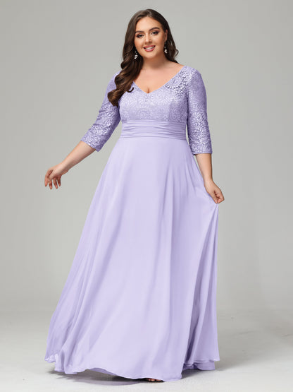 V-Neck Long Sleeves Lace Plus Size Bridesmaid Dresses