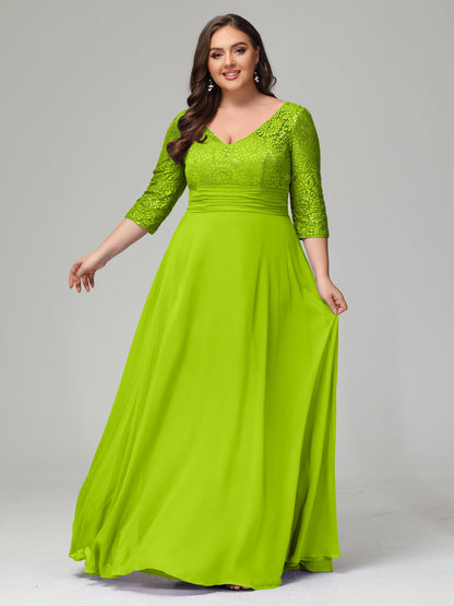 V-Neck Long Sleeves Lace Plus Size Bridesmaid Dresses