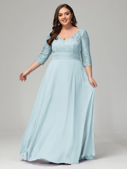 V-Neck Long Sleeves Lace Plus Size Bridesmaid Dresses