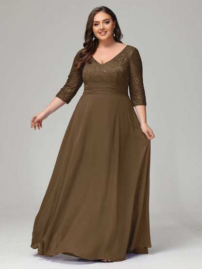 V-Neck Long Sleeves Lace Plus Size Bridesmaid Dresses