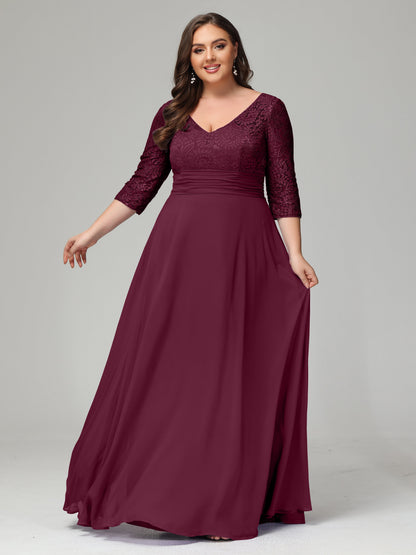 V-Neck Long Sleeves Lace Plus Size Bridesmaid Dresses