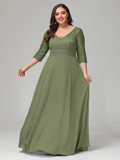 V-Neck Long Sleeves Lace Plus Size Bridesmaid Dresses