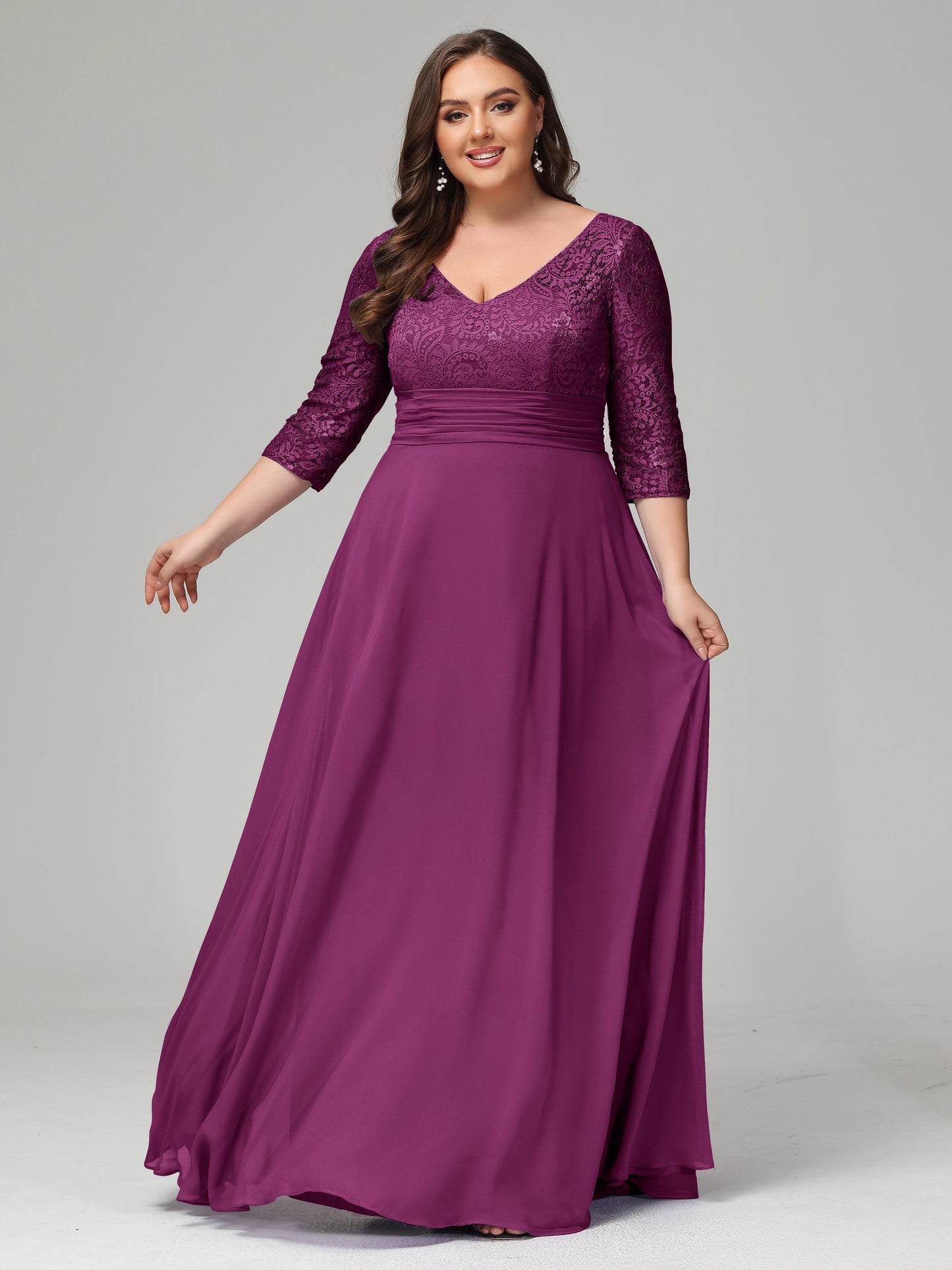 V-Neck Long Sleeves Lace Plus Size Bridesmaid Dresses