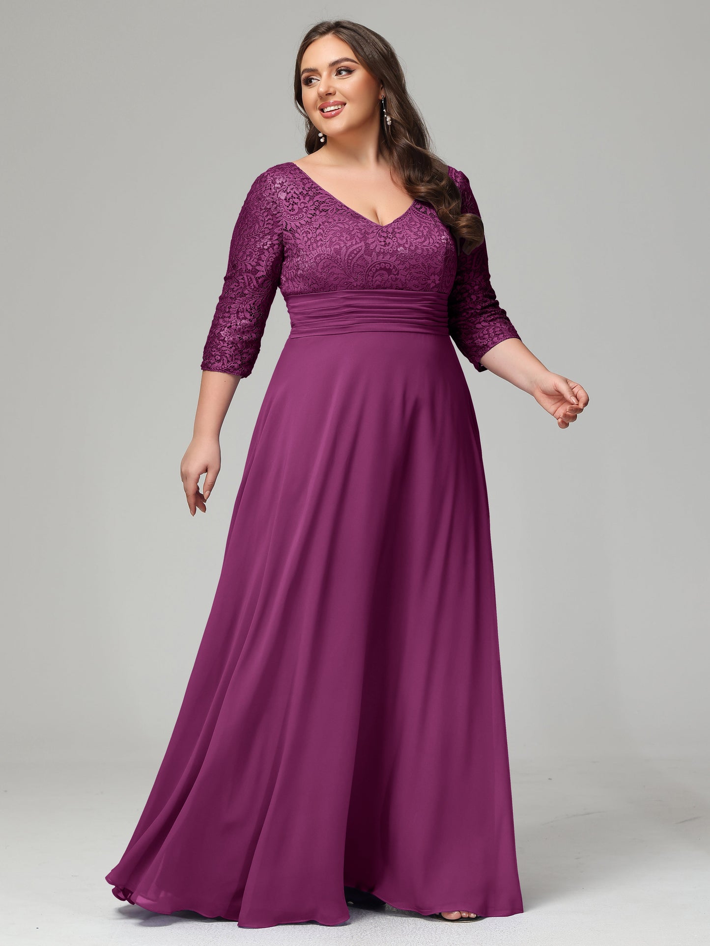 V-Neck Long Sleeves Lace Plus Size Bridesmaid Dresses