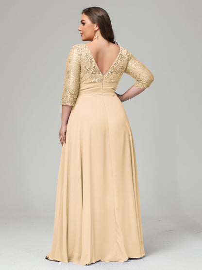 V-Neck Long Sleeves Lace Plus Size Bridesmaid Dresses