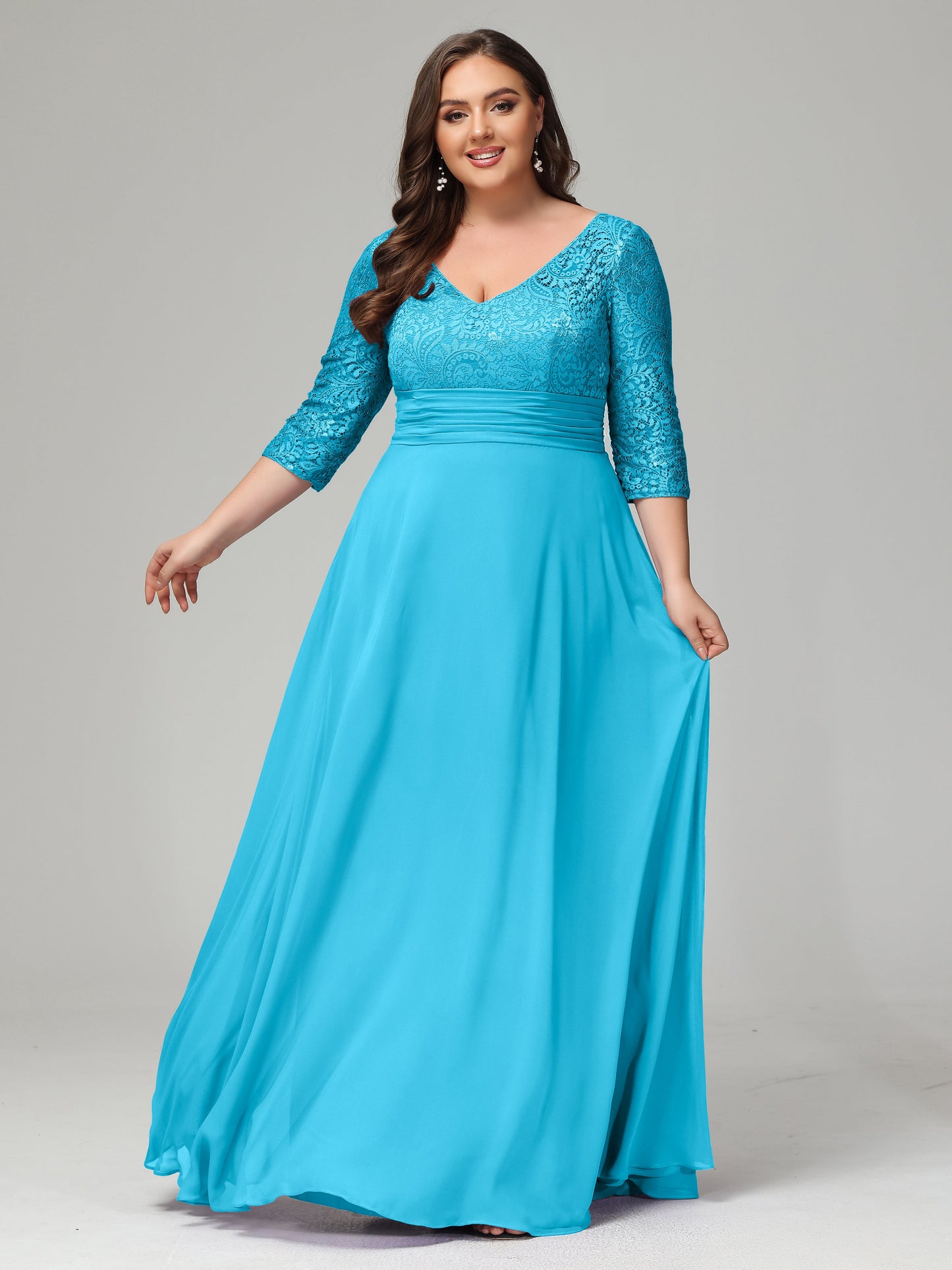 V-Neck Long Sleeves Lace Plus Size Bridesmaid Dresses