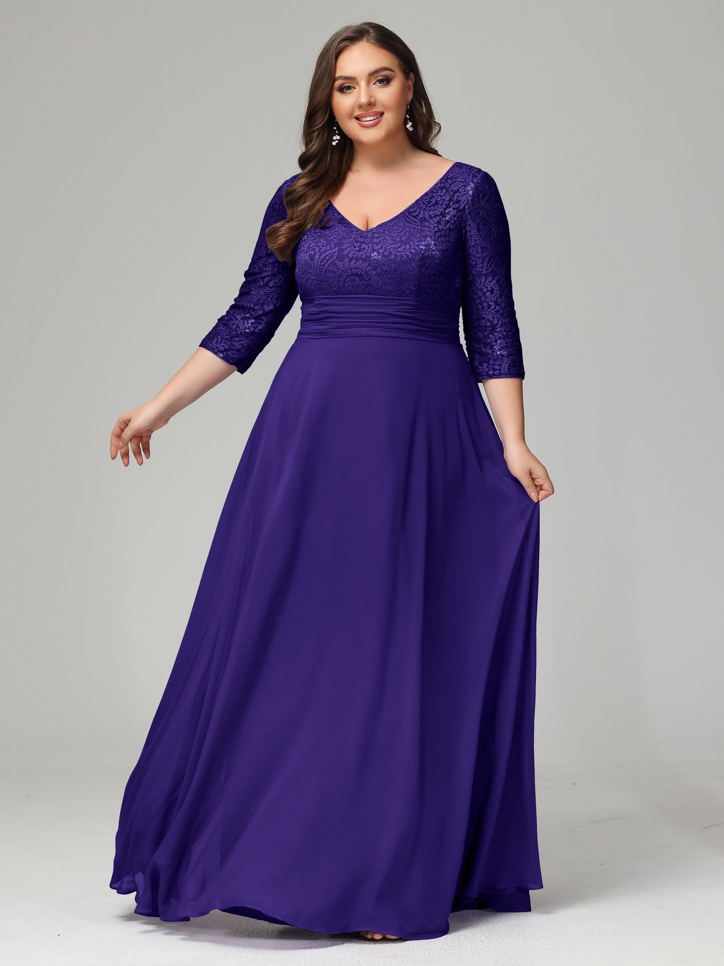 V-Neck Long Sleeves Lace Plus Size Bridesmaid Dresses