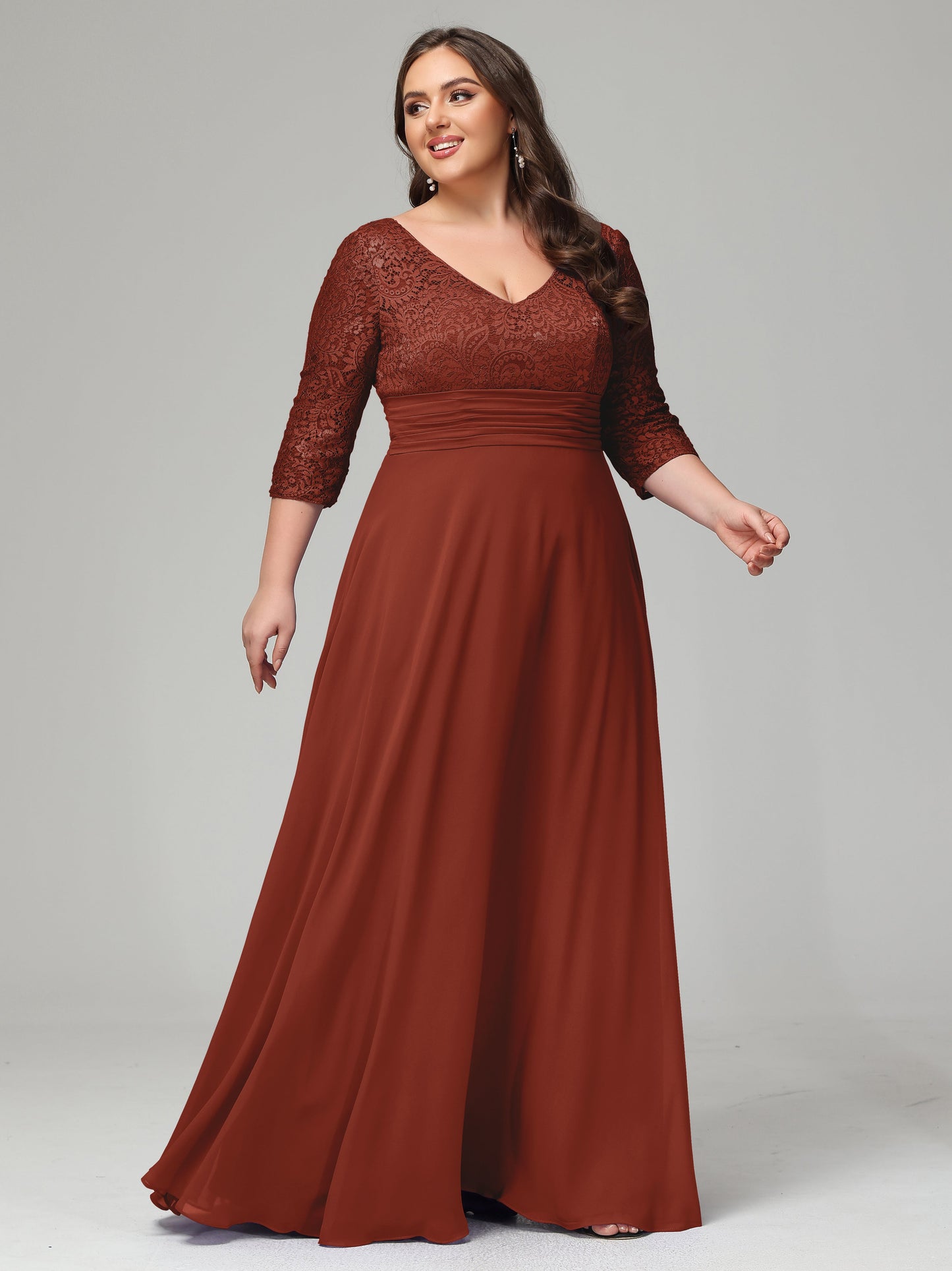 V-Neck Long Sleeves Lace Plus Size Bridesmaid Dresses