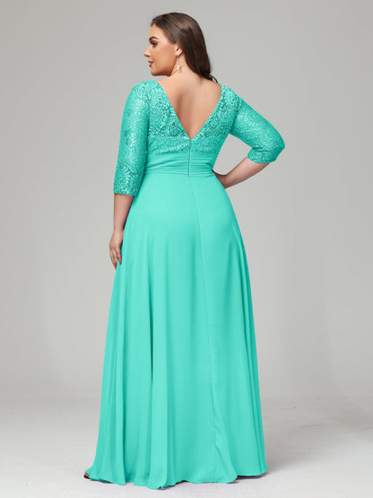V-Neck Long Sleeves Lace Plus Size Bridesmaid Dresses