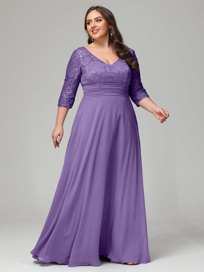 V-Neck Long Sleeves Lace Plus Size Bridesmaid Dresses
