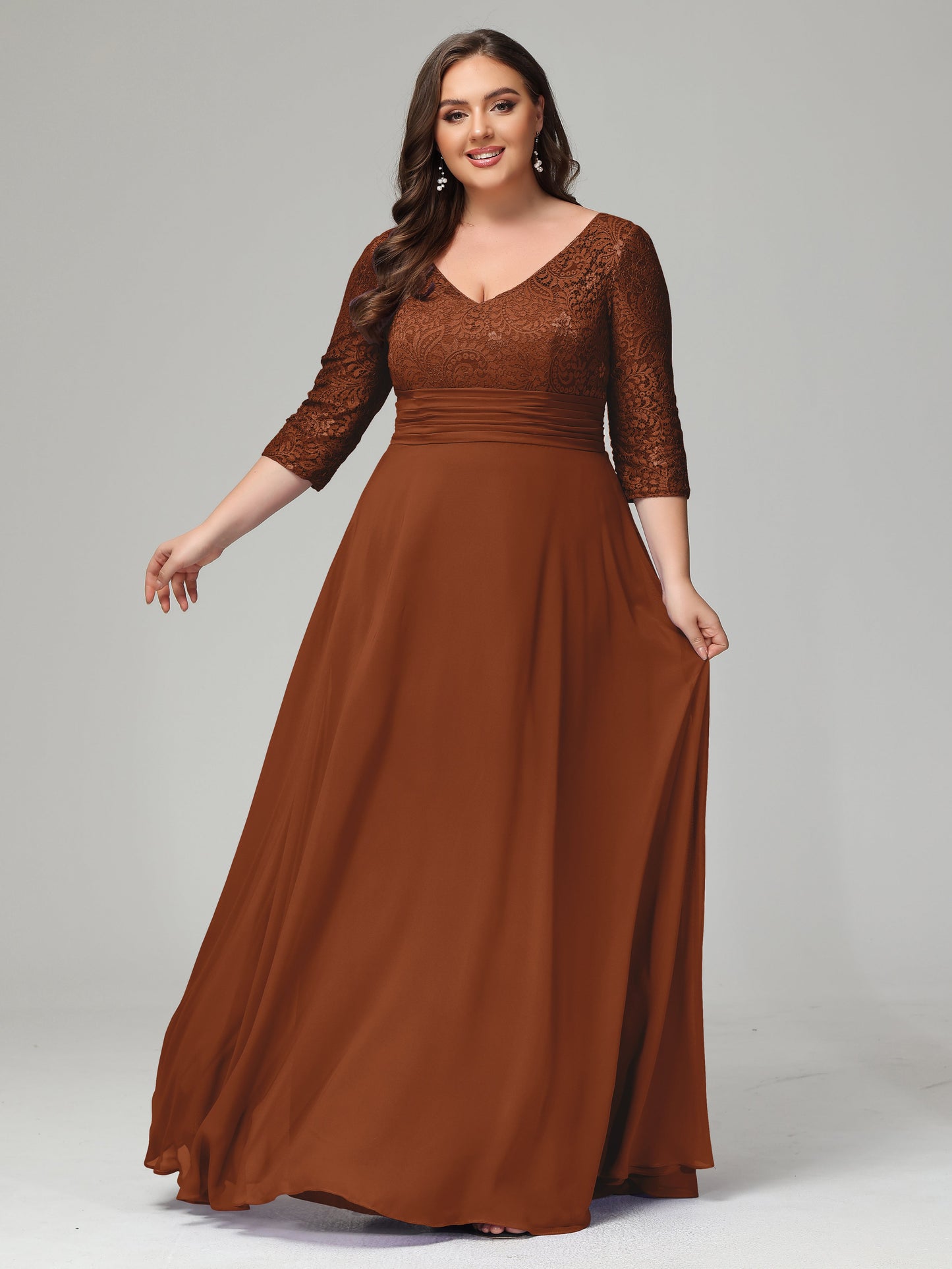 V-Neck Long Sleeves Lace Plus Size Bridesmaid Dresses