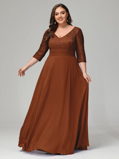 V-Neck Long Sleeves Lace Plus Size Bridesmaid Dresses