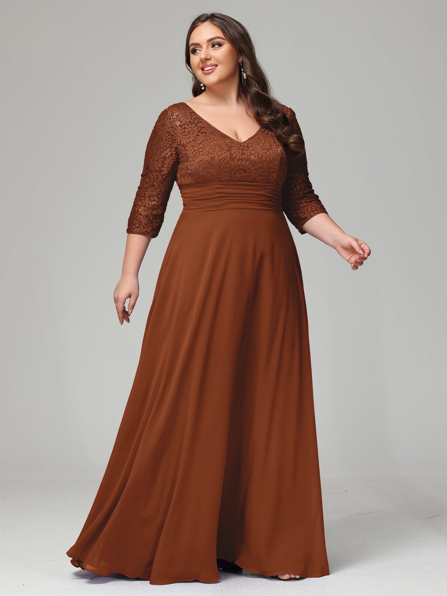 V-Neck Long Sleeves Lace Plus Size Bridesmaid Dresses