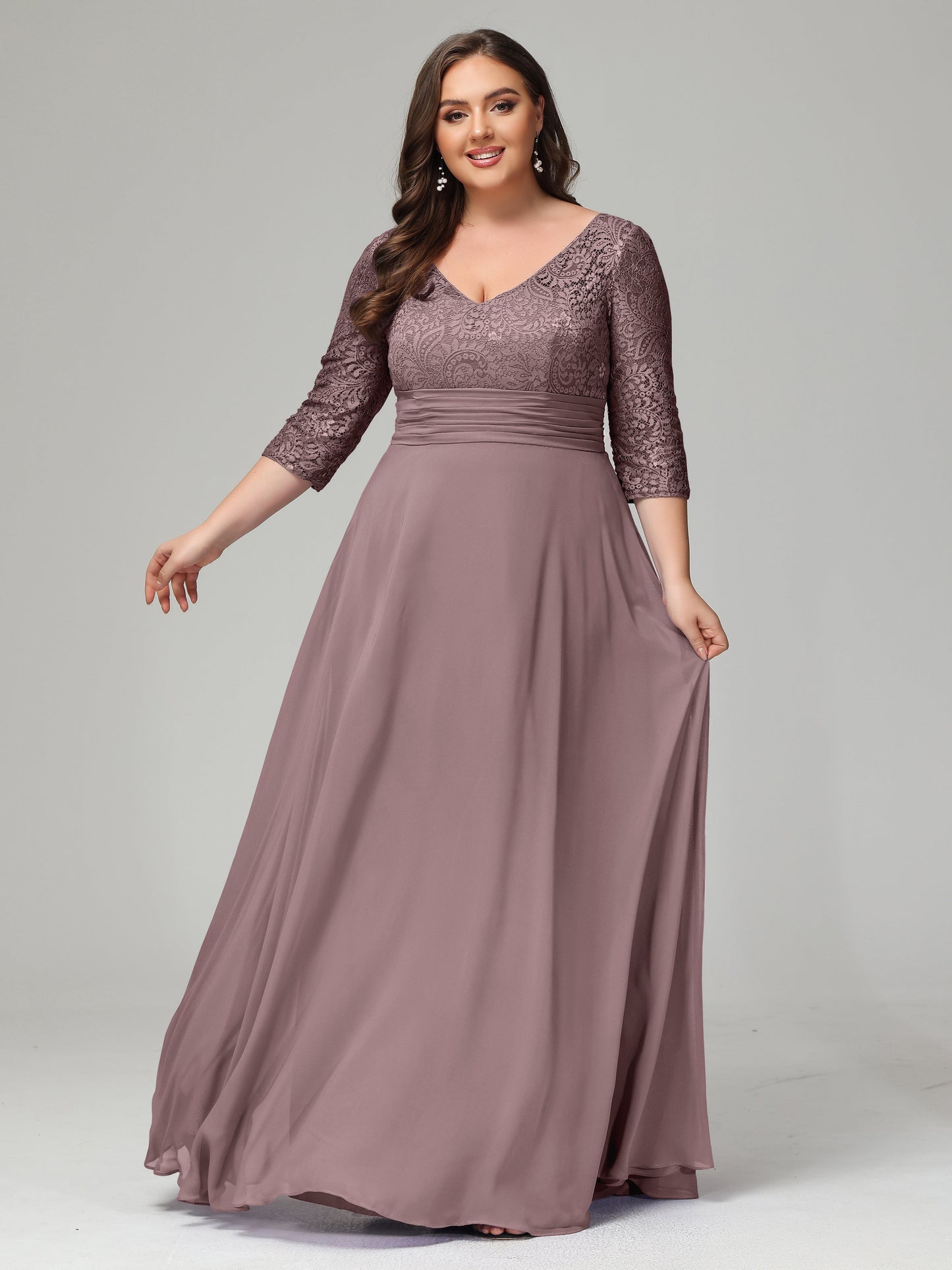 V-Neck Long Sleeves Lace Plus Size Bridesmaid Dresses