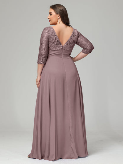 V-Neck Long Sleeves Lace Plus Size Bridesmaid Dresses