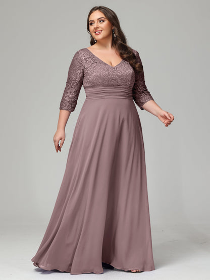 V-Neck Long Sleeves Lace Plus Size Bridesmaid Dresses