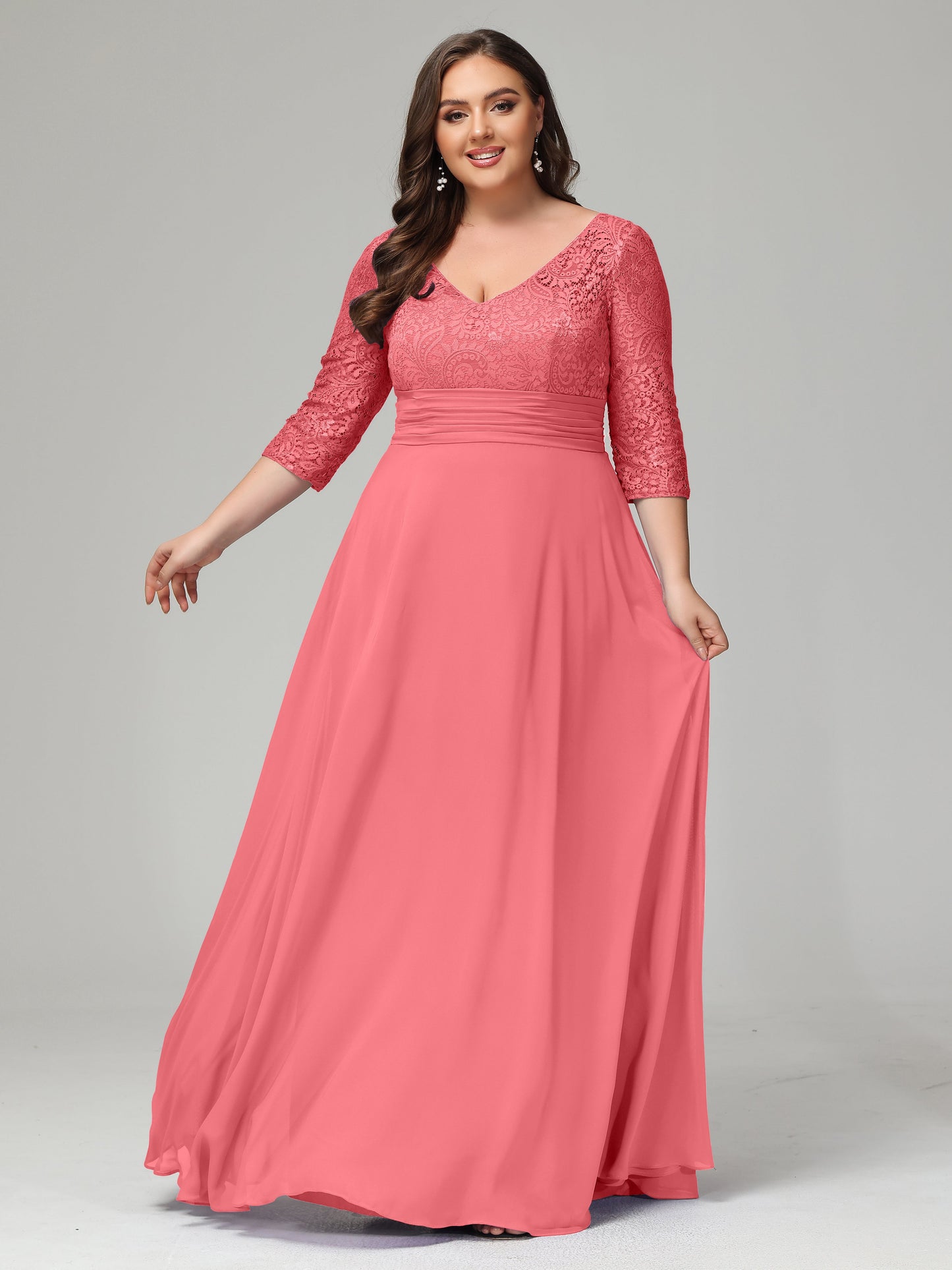 V-Neck Long Sleeves Lace Plus Size Bridesmaid Dresses