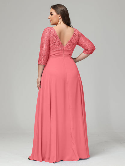 V-Neck Long Sleeves Lace Plus Size Bridesmaid Dresses