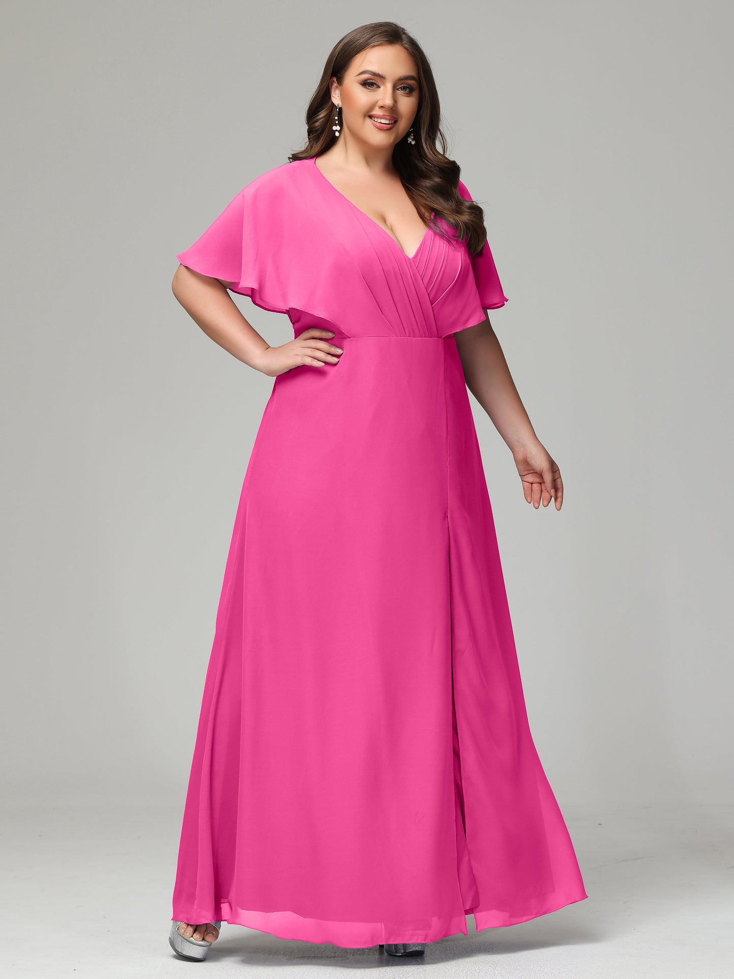 V-Neck Short Sleeves Plus Size Chiffon Bridesmaid Dresses
