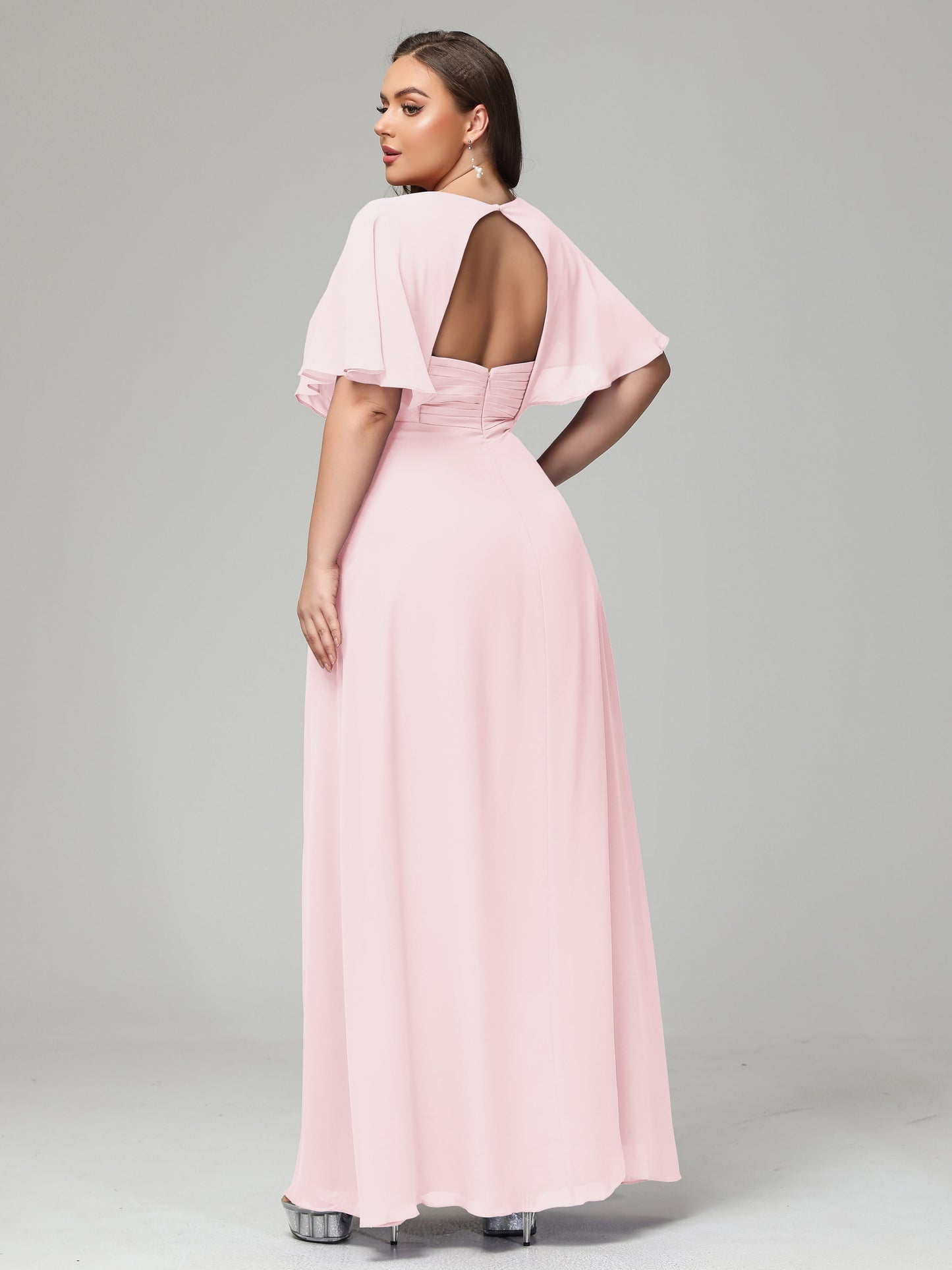 V-Neck Short Sleeves Plus Size Chiffon Bridesmaid Dresses