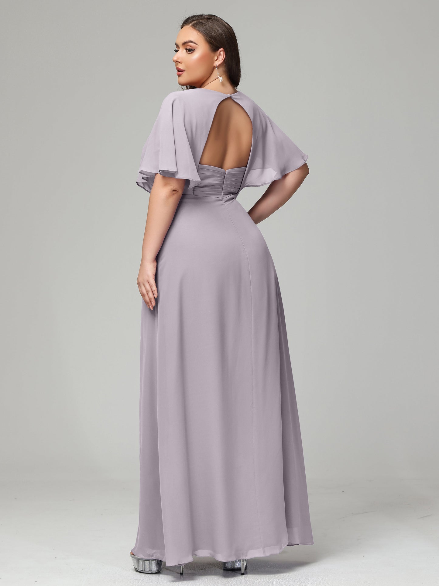 V-Neck Short Sleeves Plus Size Chiffon Bridesmaid Dresses