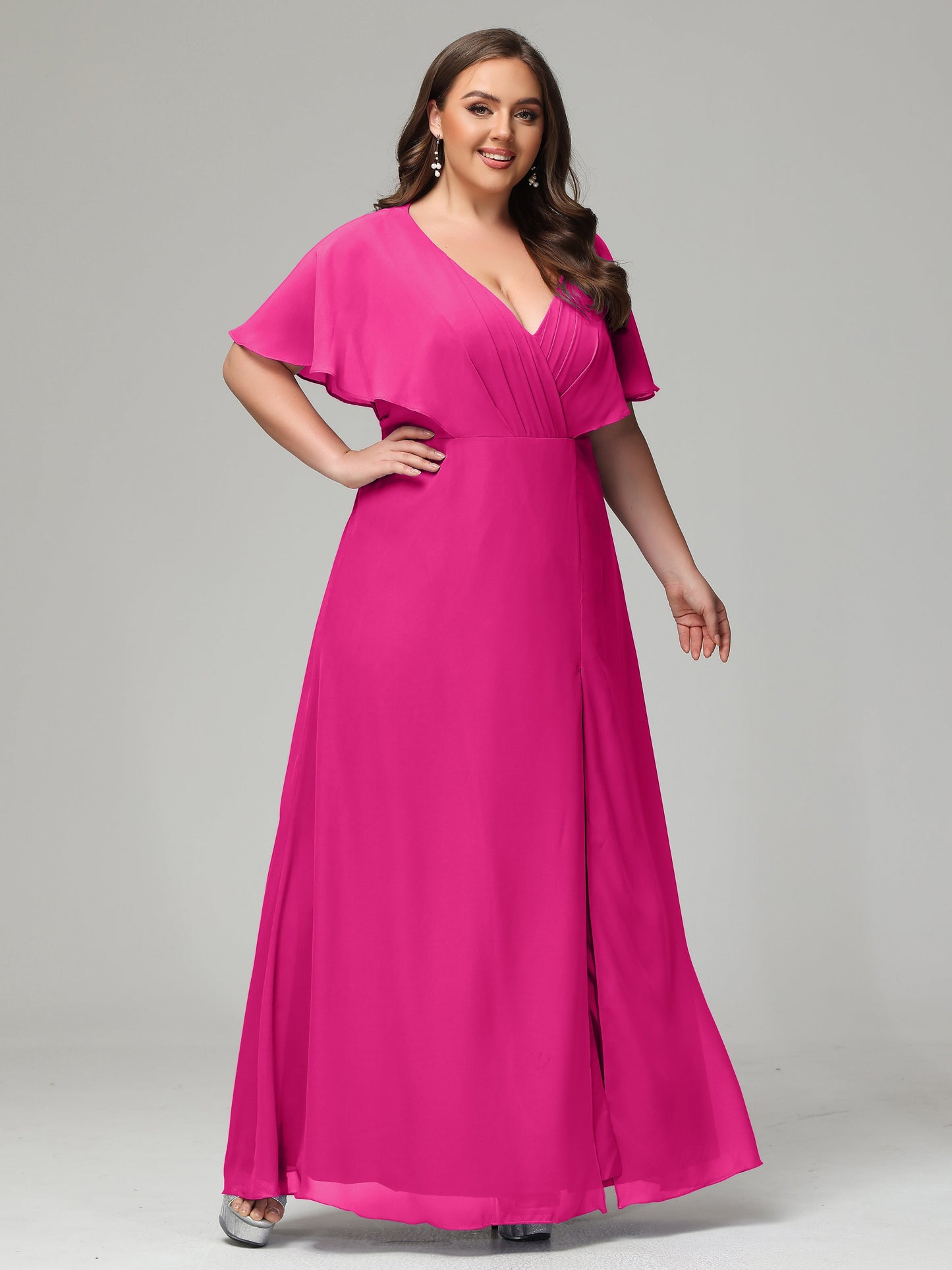 V-Neck Short Sleeves Plus Size Chiffon Bridesmaid Dresses