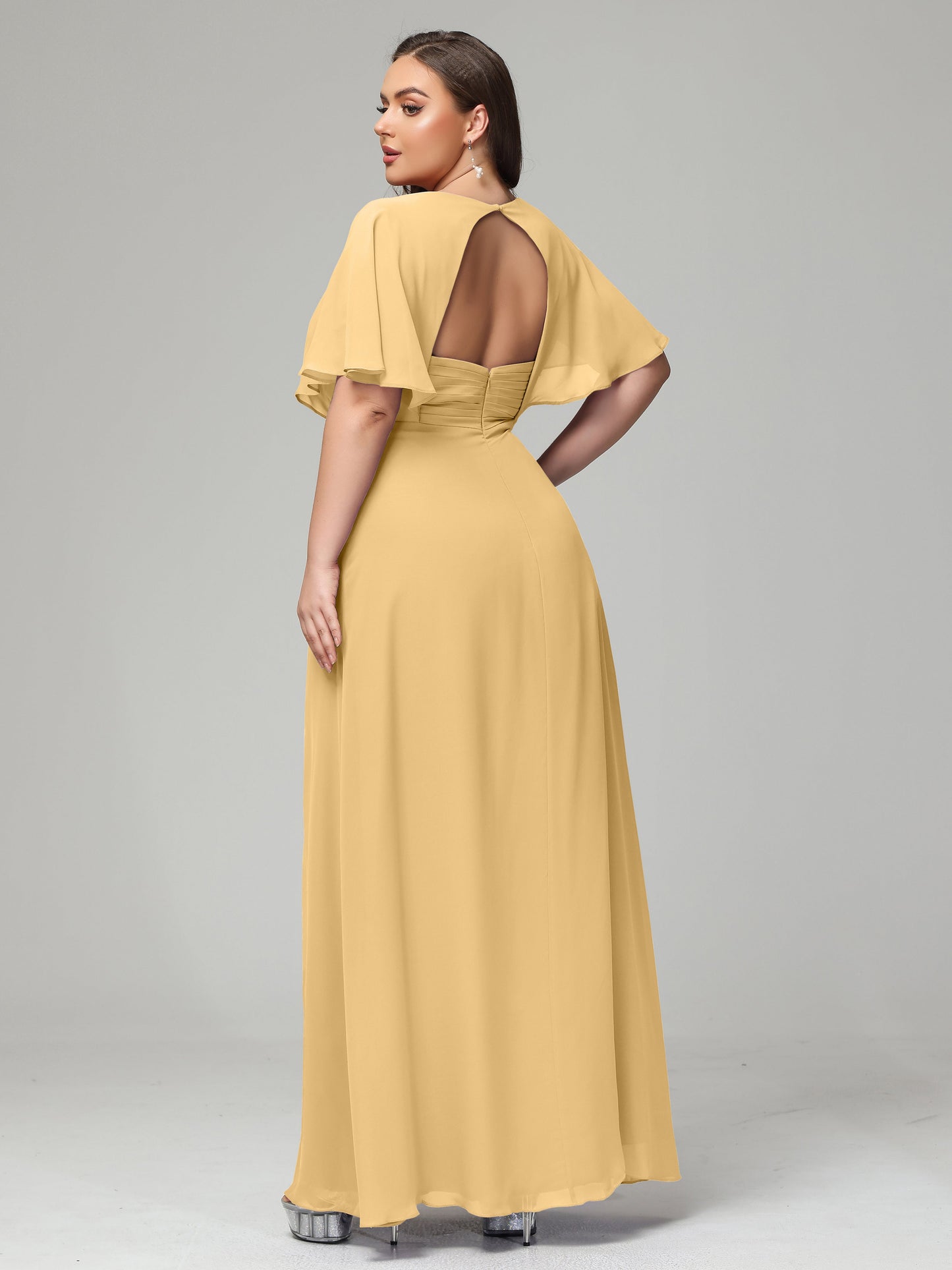 V-Neck Short Sleeves Plus Size Chiffon Bridesmaid Dresses