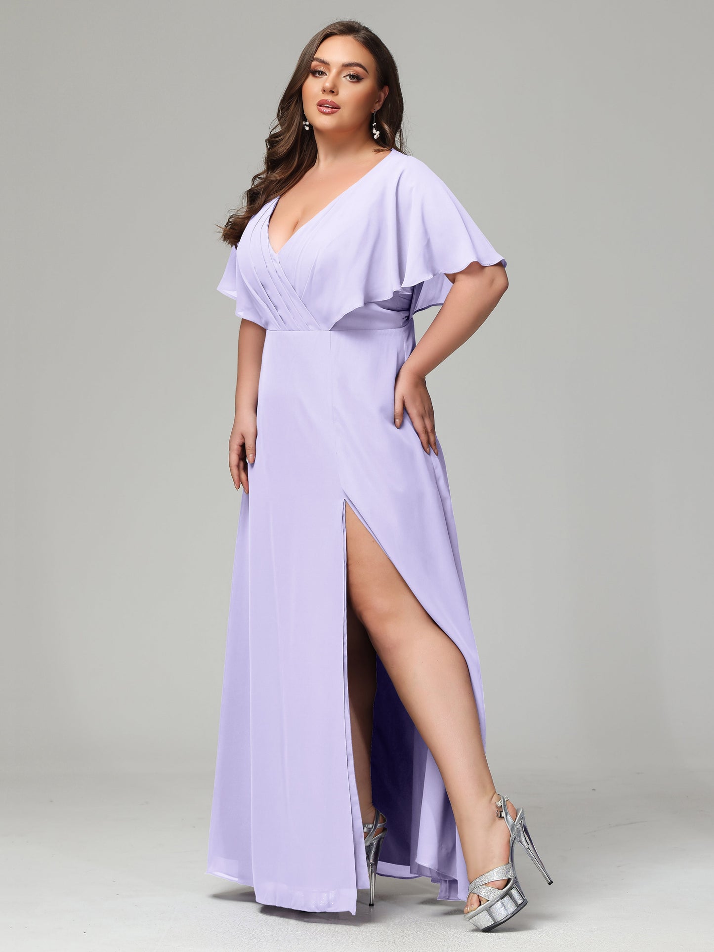 V-Neck Short Sleeves Plus Size Chiffon Bridesmaid Dresses