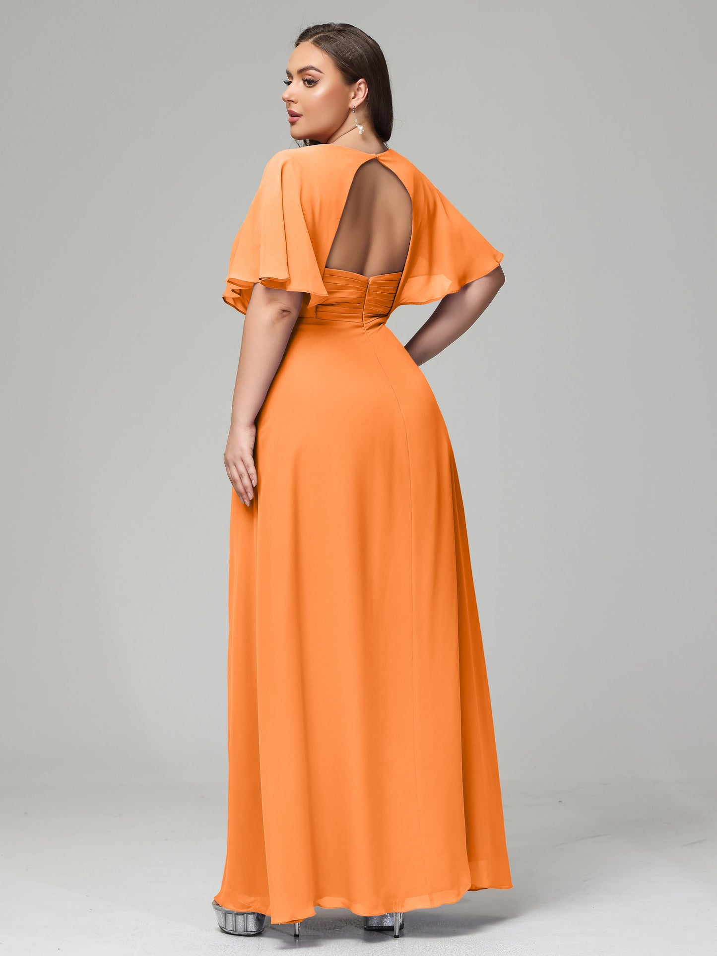 V-Neck Short Sleeves Plus Size Chiffon Bridesmaid Dresses