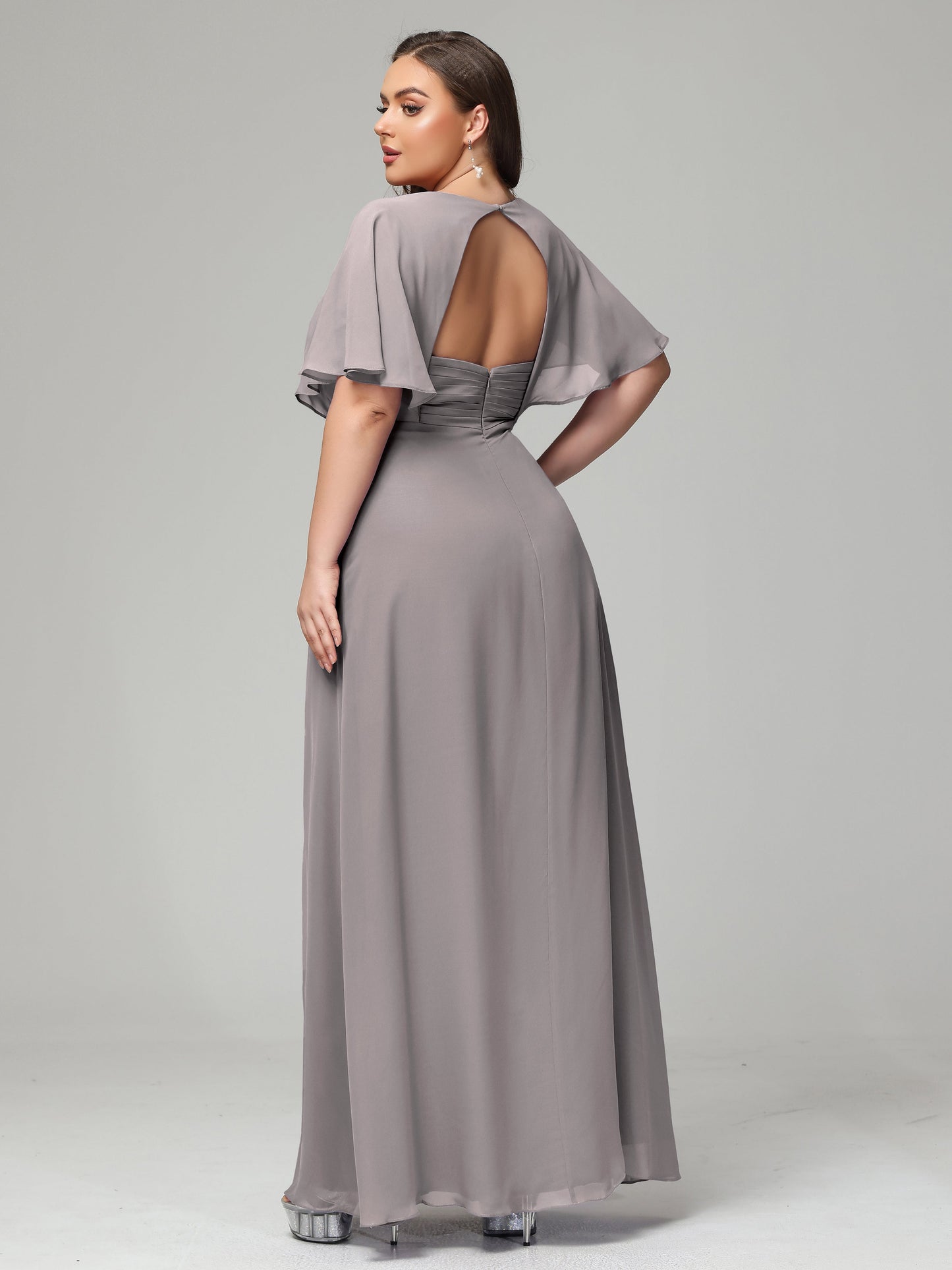 V-Neck Short Sleeves Plus Size Chiffon Bridesmaid Dresses
