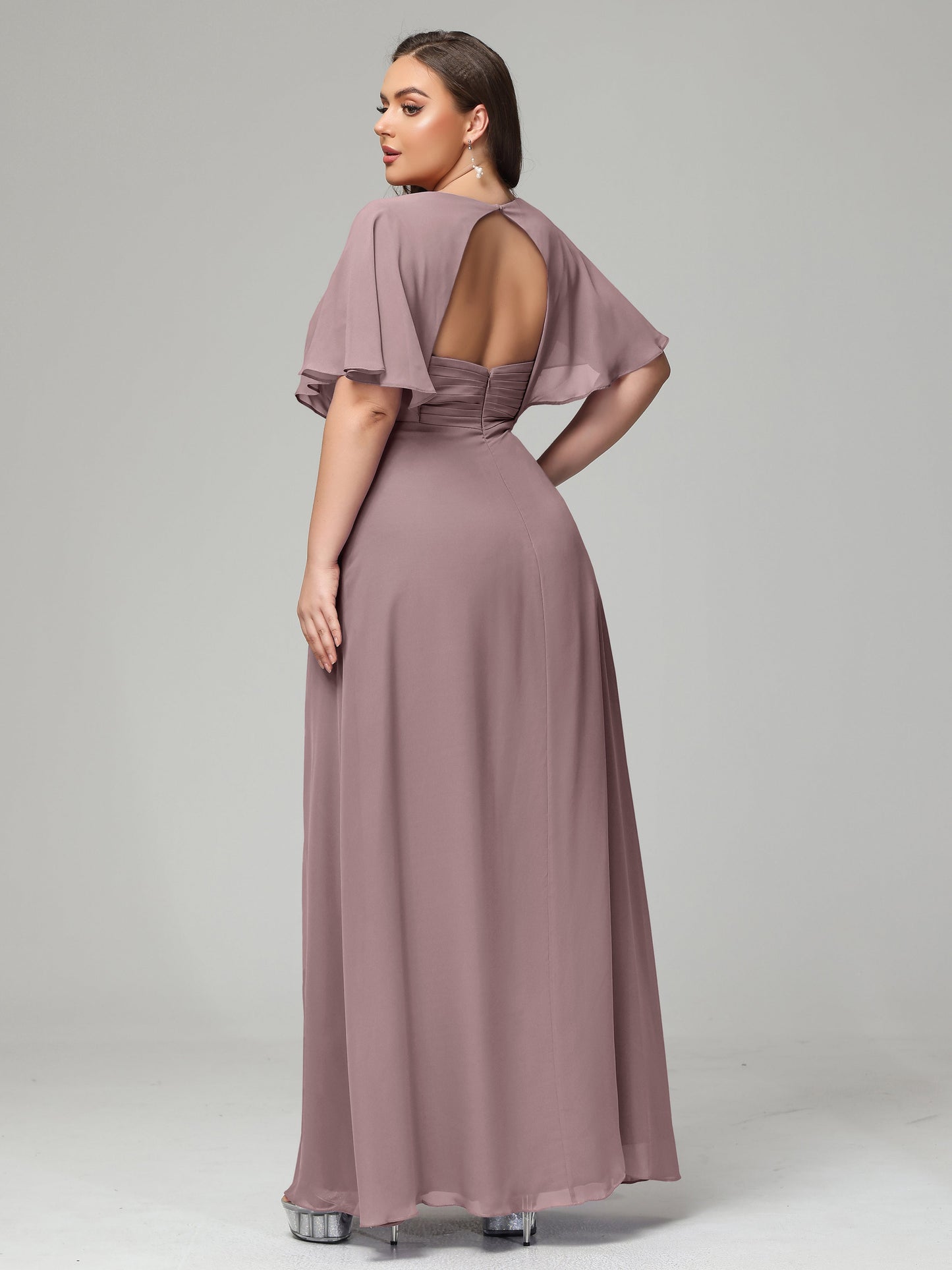 V-Neck Short Sleeves Plus Size Chiffon Bridesmaid Dresses