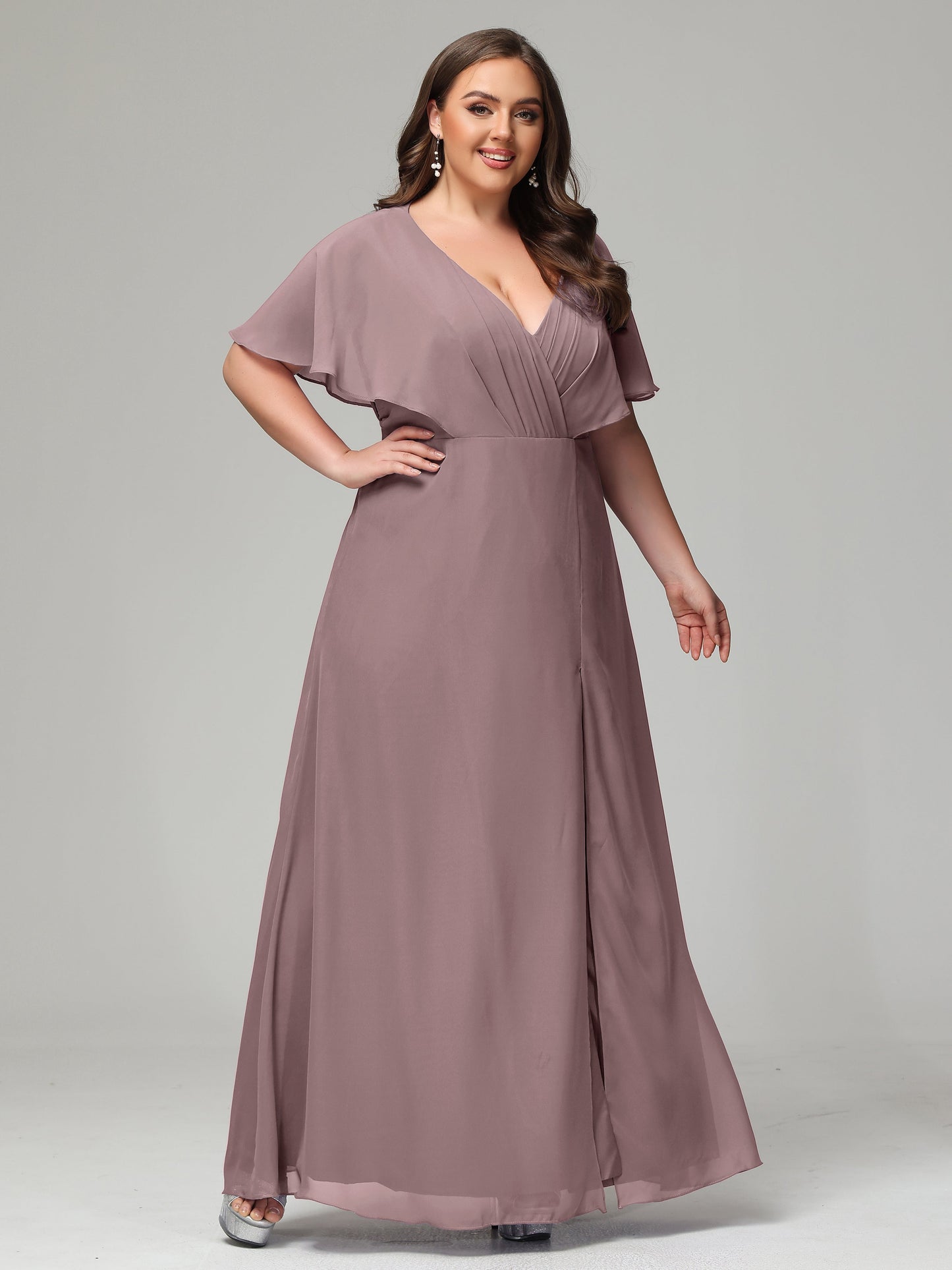 V-Neck Short Sleeves Plus Size Chiffon Bridesmaid Dresses